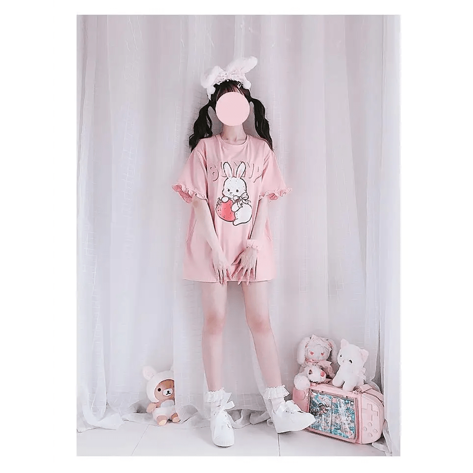 Sweet Pink Strawberry Bunny Oversized Tee with Ruffle Lace Trim - Cosparty