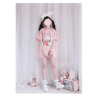 Sweet Pink Strawberry Bunny Oversized Tee with Ruffle Lace Trim - Cosparty