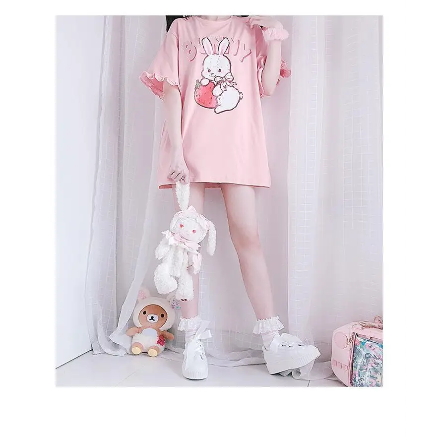 Sweet Pink Strawberry Bunny Oversized Tee with Ruffle Lace Trim - shirt