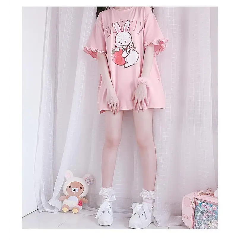 Sweet Pink Strawberry Bunny Oversized Tee with Ruffle Lace Trim - shirt