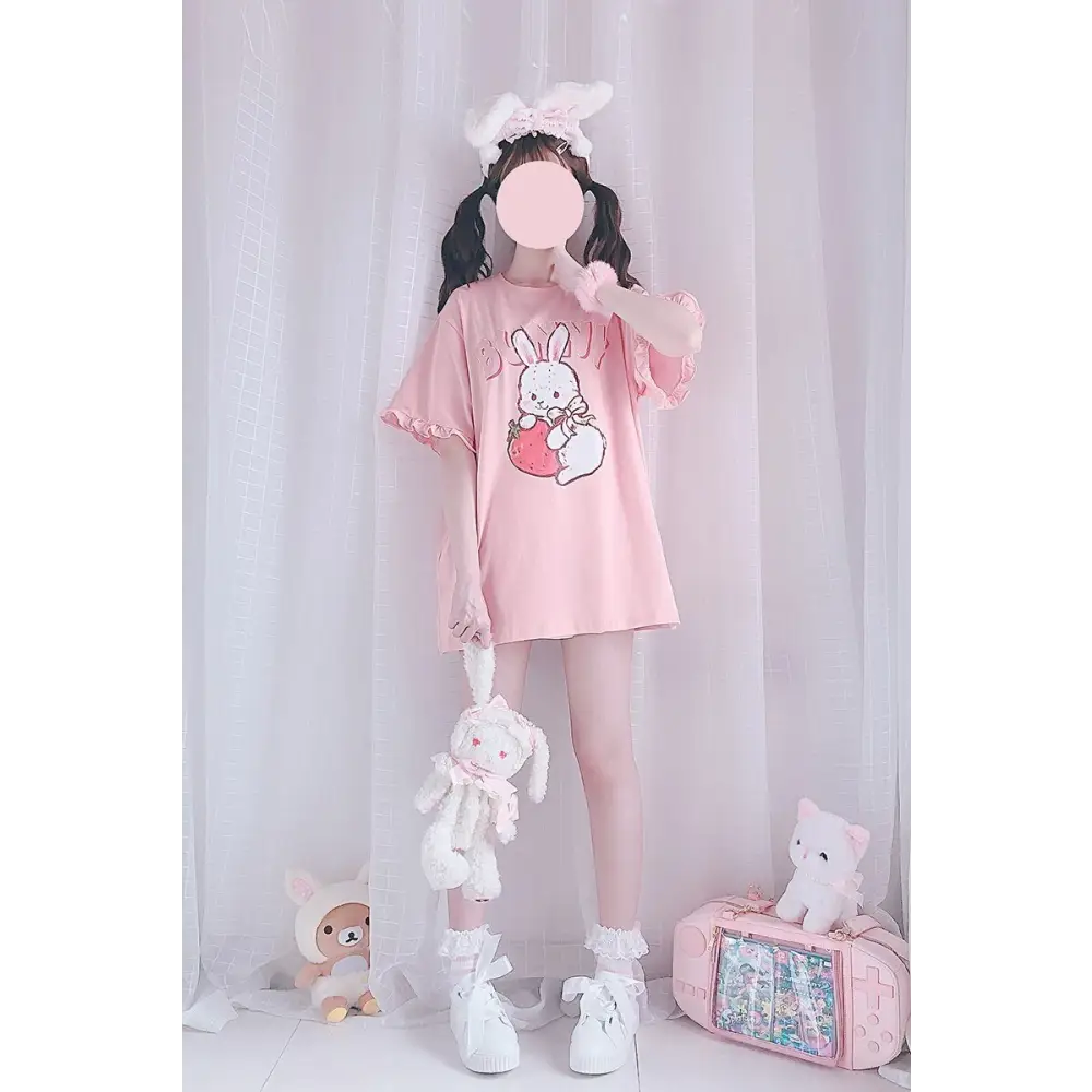 Sweet Pink Strawberry Bunny Oversized Tee with Ruffle Lace Trim - shirt