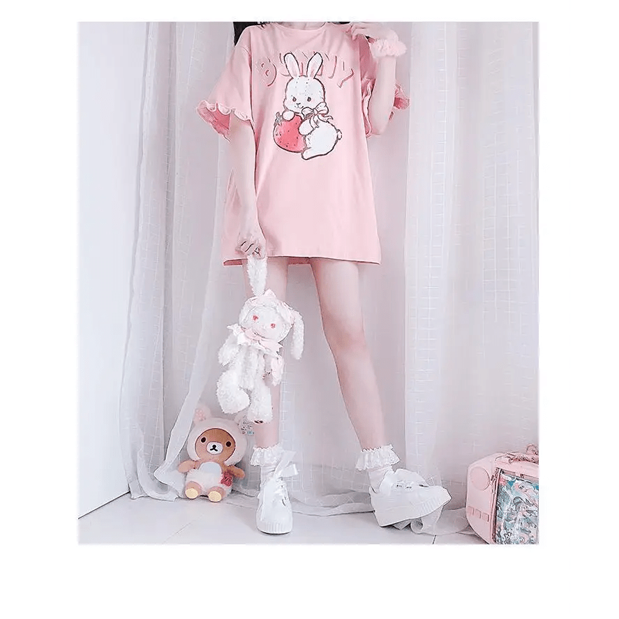Sweet Pink Strawberry Bunny Oversized Tee with Ruffle Lace Trim - Cosparty
