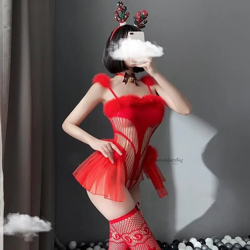 Sweet Red Reindeer Inspired Lingerie Set for Christmas - Cosparty
