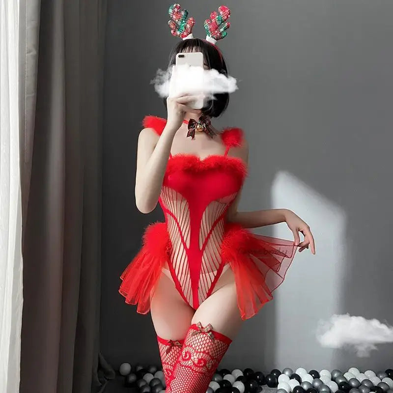 Sweet Red Reindeer Inspired Lingerie Set for Christmas - Christmas Set