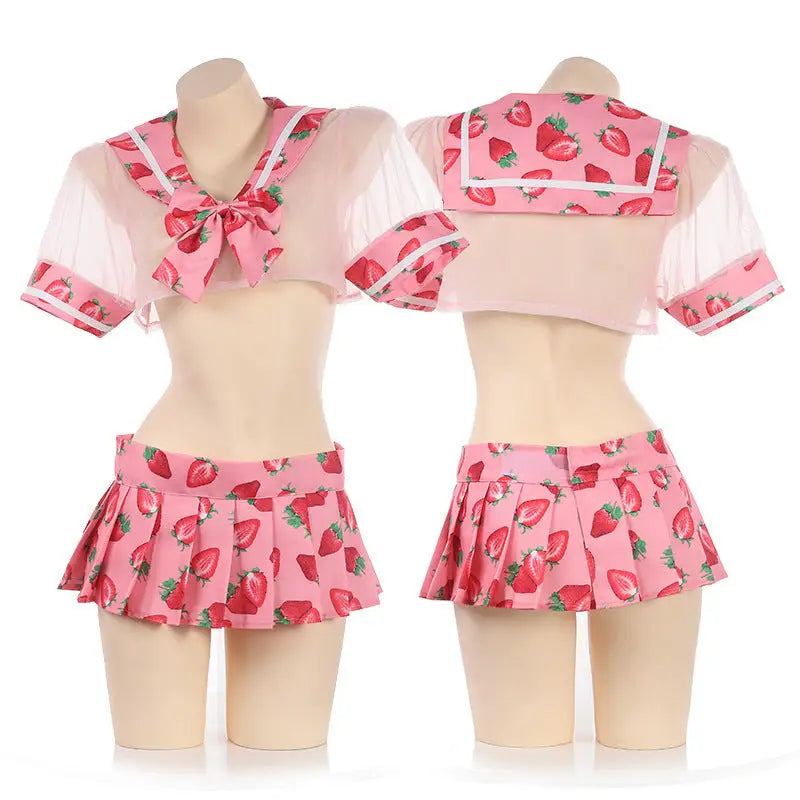 Sweet School Girl Inspired Lingerie Set with Berry and Mesh Details - lingerie