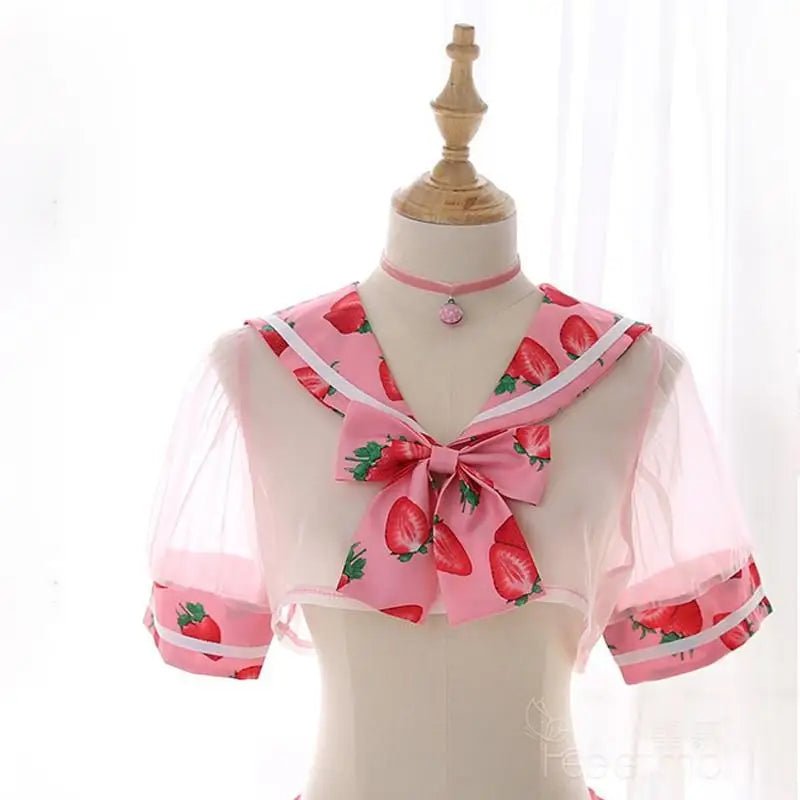 Sweet School Girl Inspired Lingerie Set with Berry and Mesh Details - Cosparty