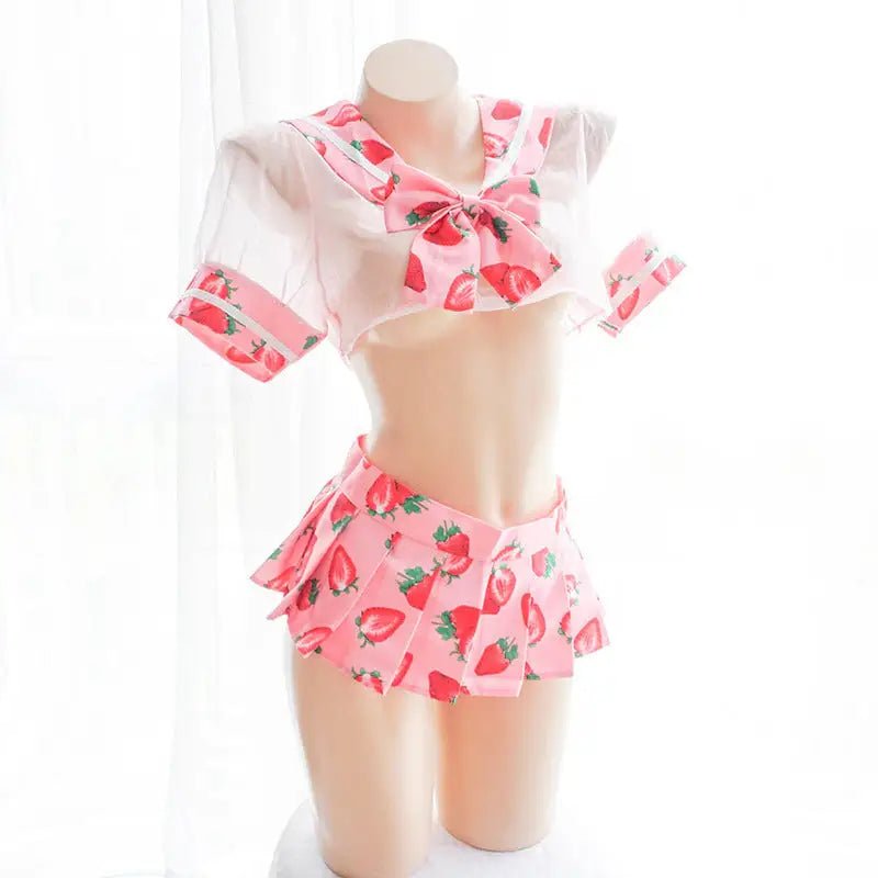 Sweet School Girl Inspired Lingerie Set with Berry and Mesh Details - Cosparty