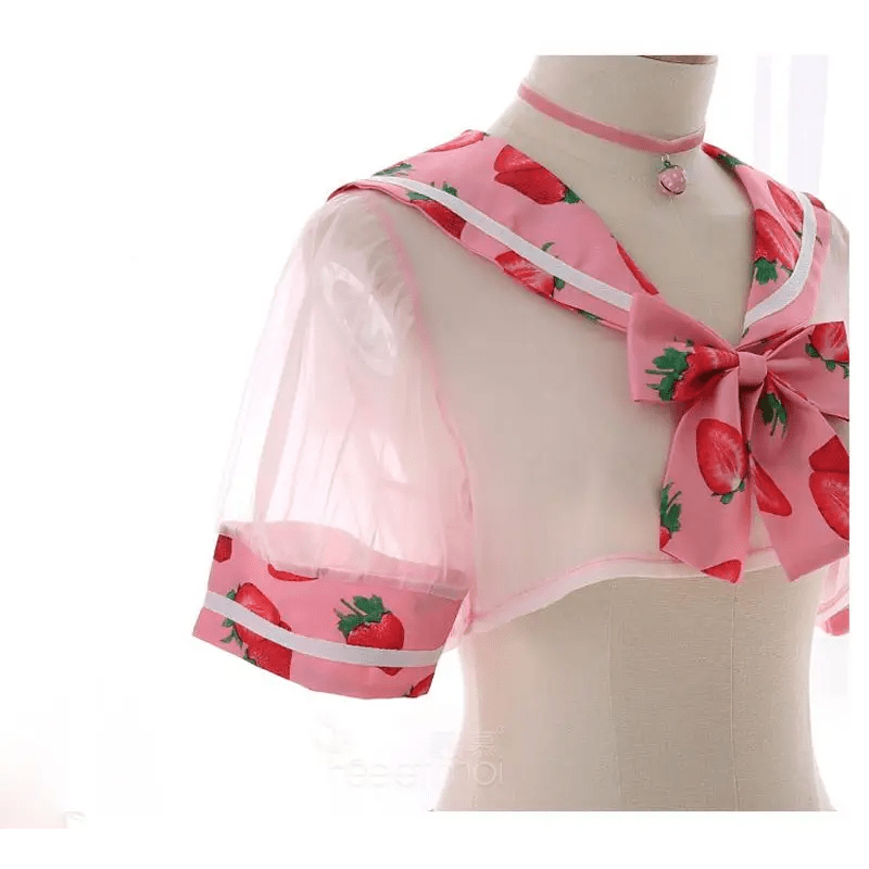 Sweet School Girl Inspired Lingerie Set with Berry and Mesh Details - Cosparty