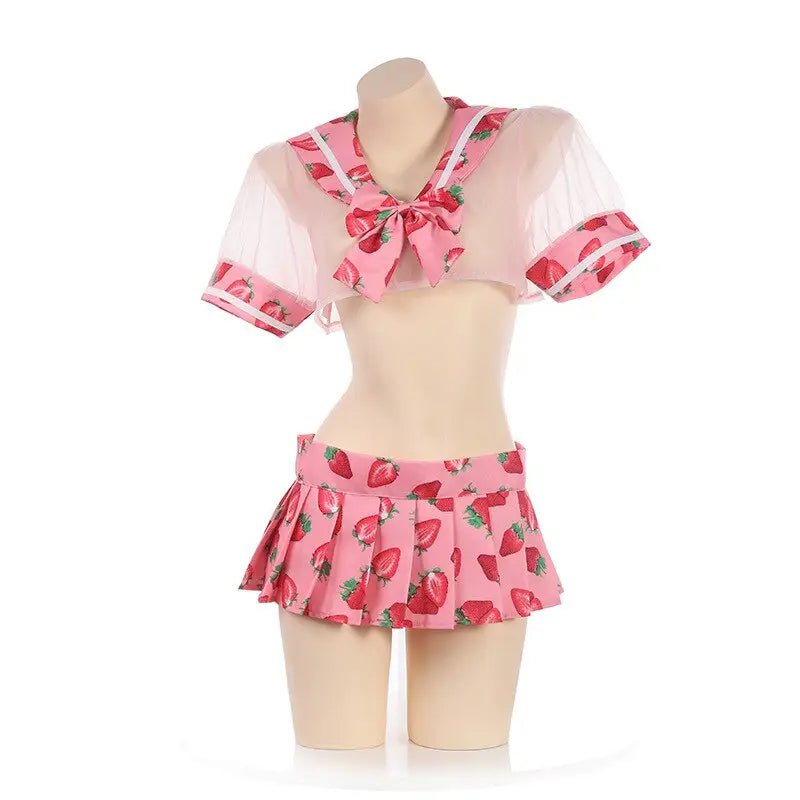 Sweet School Girl Inspired Lingerie Set with Berry and Mesh Details - Cosparty