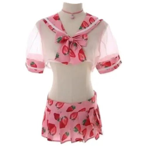 Sweet School Girl Inspired Lingerie Set with Berry and Mesh Details - Cosparty