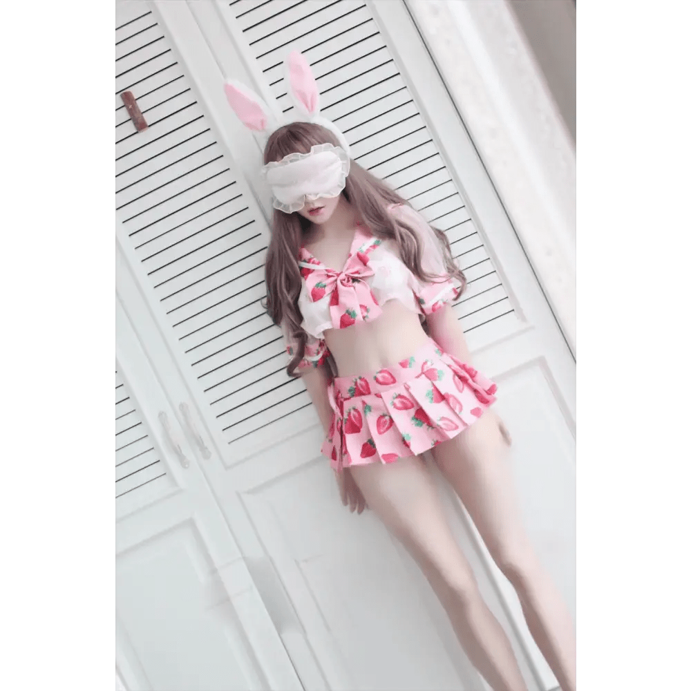 Sweet School Girl Inspired Lingerie Set with Berry and Mesh Details - Cosparty