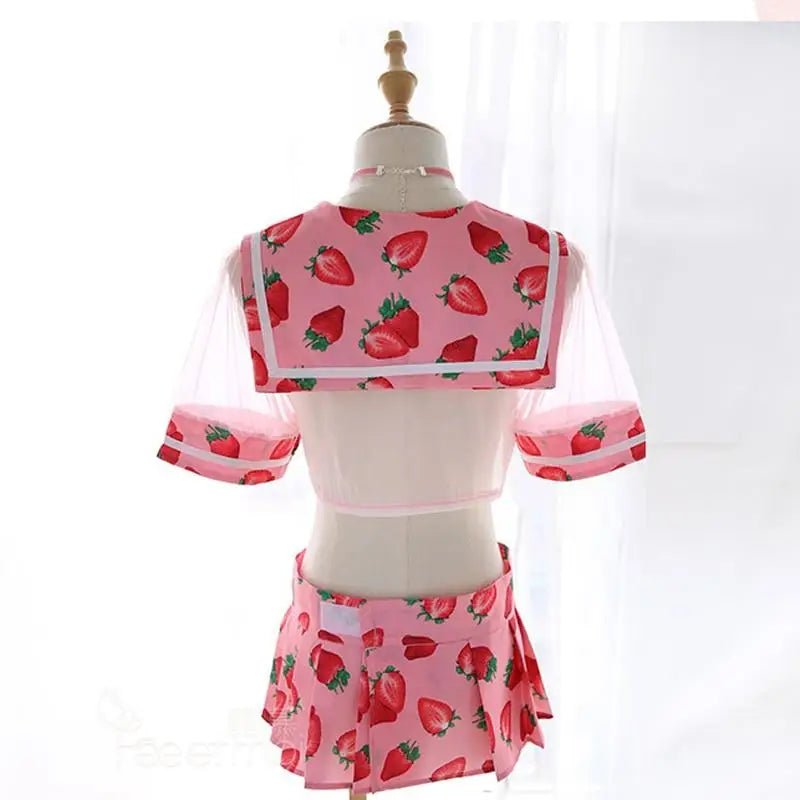 Sweet School Girl Inspired Lingerie Set with Berry and Mesh Details - Cosparty