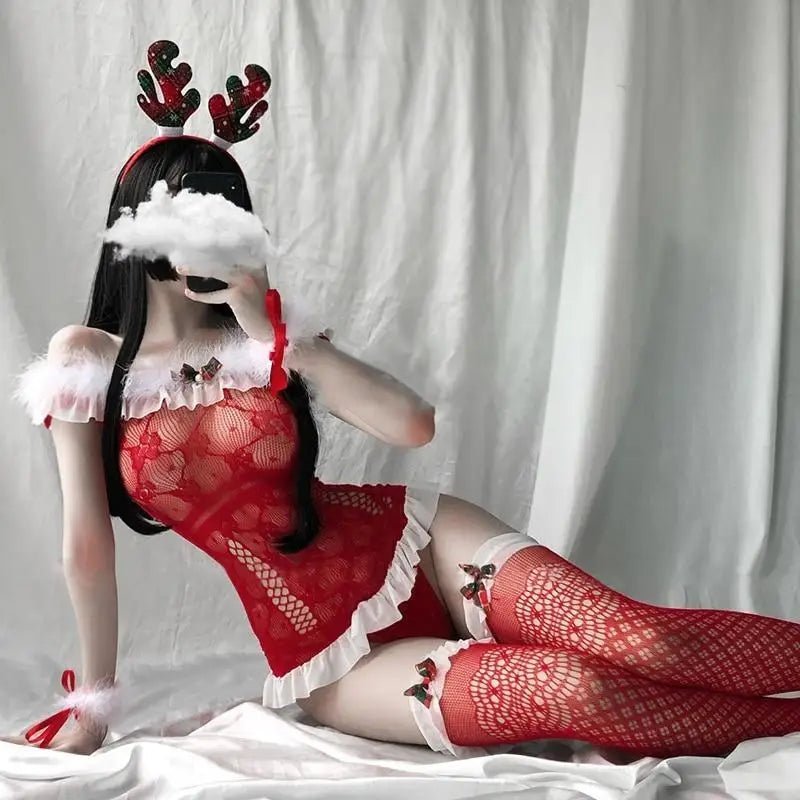 Sweet White Fur Trimmed Reindeer Inspired Christmas Lingerie Set - Cosparty