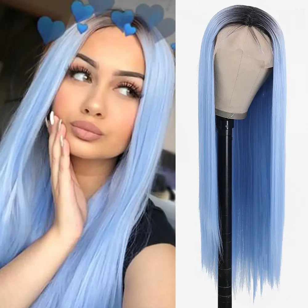 Synthetic lace front wig long straight hair wig with baby hair 26 inches natural cosplay lace front wig - Sky blue