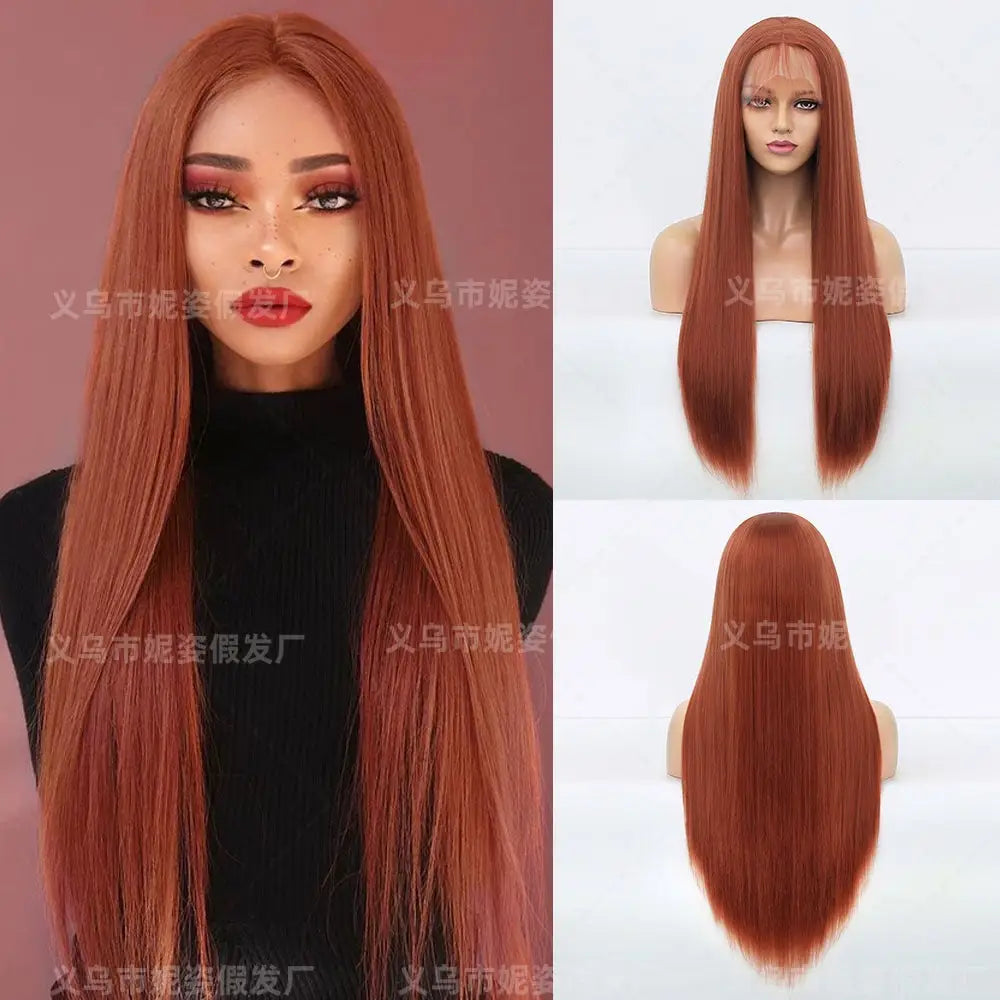 Synthetic lace front wig long straight hair wig with baby hair 26 inches natural cosplay lace front wig - Orange brown