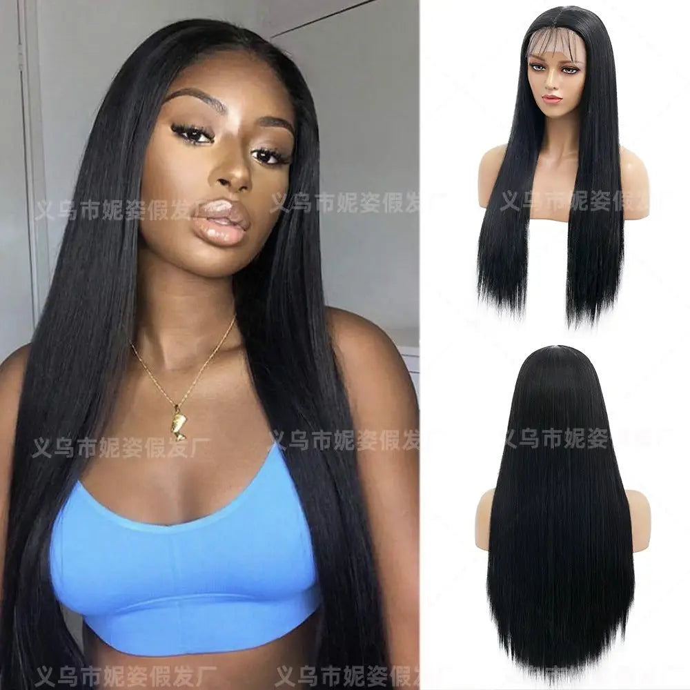 Synthetic lace front wig long straight hair wig with baby hair 26 inches natural cosplay lace front wig - Natural black