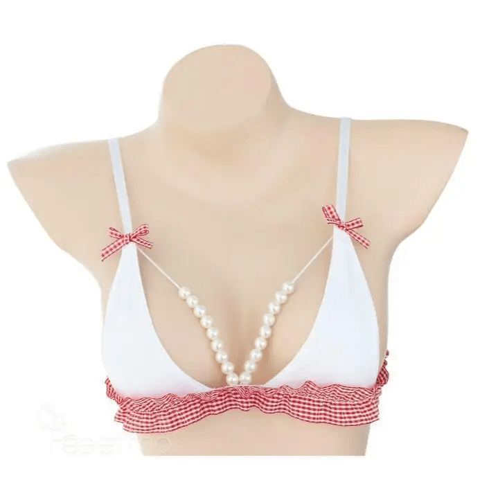 Tartan Plaid Pearl Lined Lingerie Set with Frills and Bows - Cosparty