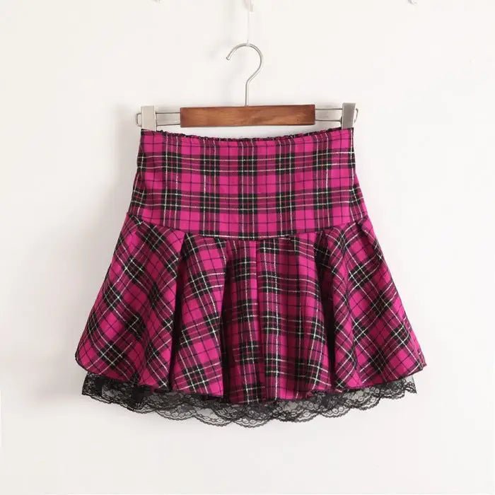 Tartan Plaid School Girl Skirt with Frilly Lace Layer - Cosparty