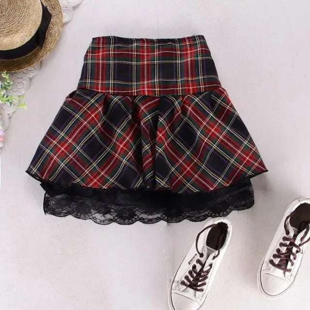 Tartan Plaid School Girl Skirt with Frilly Lace Layer - Black / S - Skirts