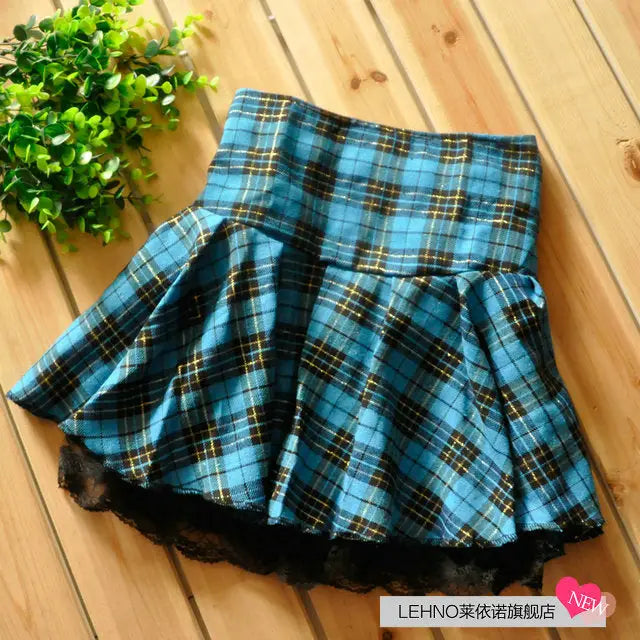 Tartan Plaid School Girl Skirt with Frilly Lace Layer - Skirts