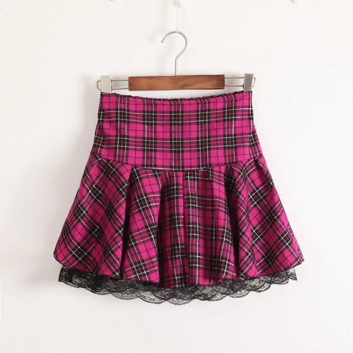 Tartan Plaid School Girl Skirt with Frilly Lace Layer - Skirts