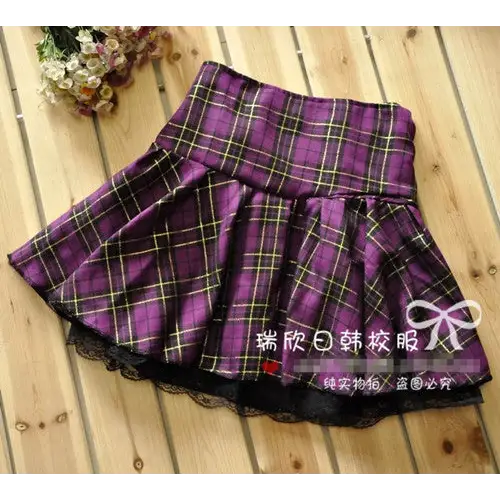 Tartan Plaid School Girl Skirt with Frilly Lace Layer - Skirts