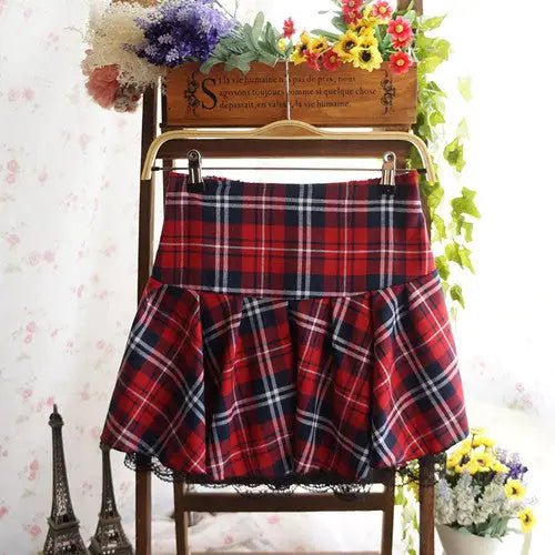Tartan Plaid School Girl Skirt with Frilly Lace Layer - Cosparty