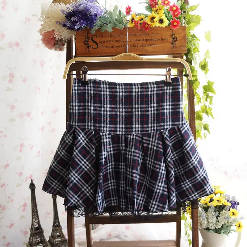 Tartan Plaid School Girl Skirt with Frilly Lace Layer - Skirts