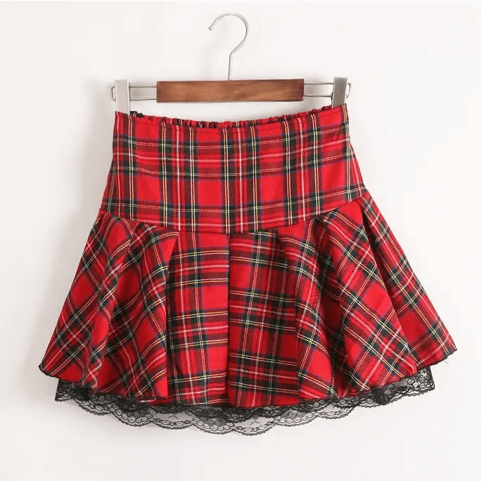 Tartan Plaid School Girl Skirt with Frilly Lace Layer - Cosparty
