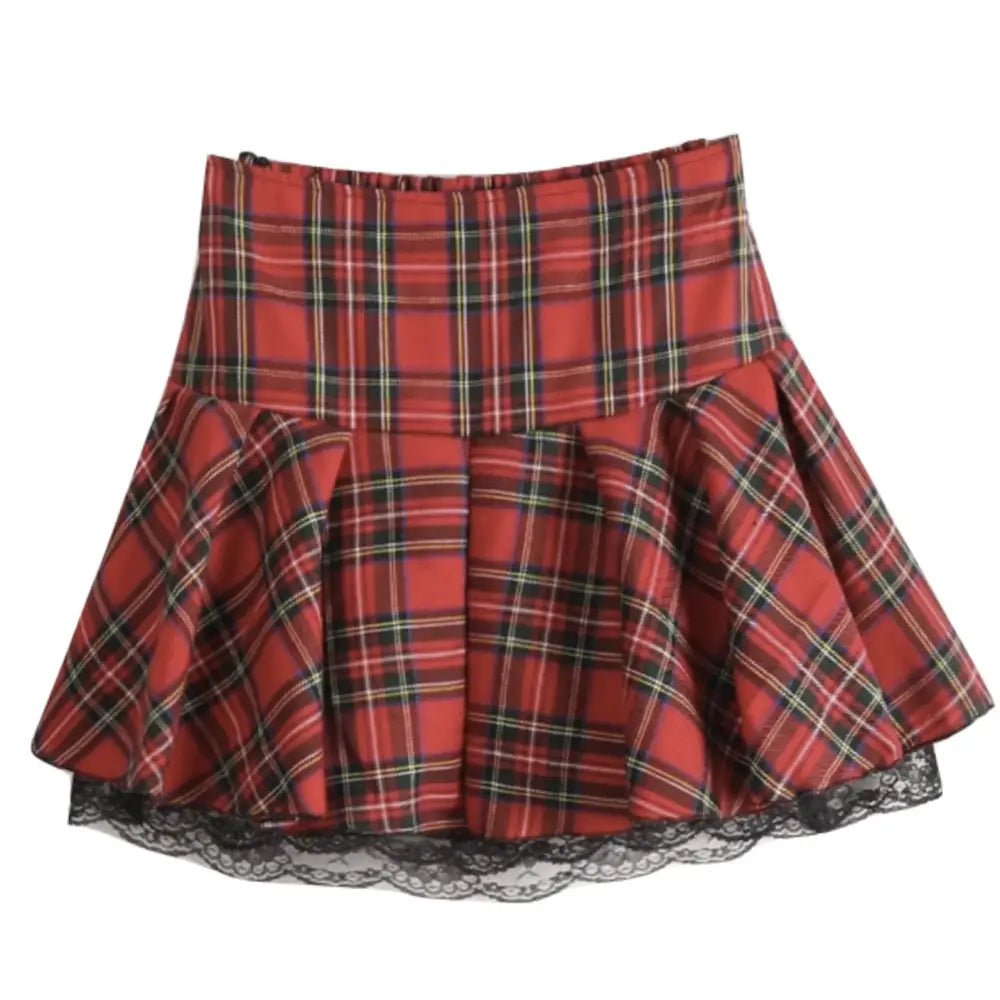 Tartan Plaid School Girl Skirt with Frilly Lace Layer - Skirts