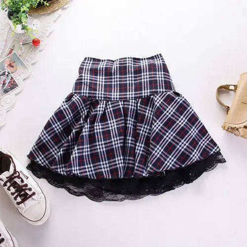 Tartan Plaid School Girl Skirt with Frilly Lace Layer - Skirts