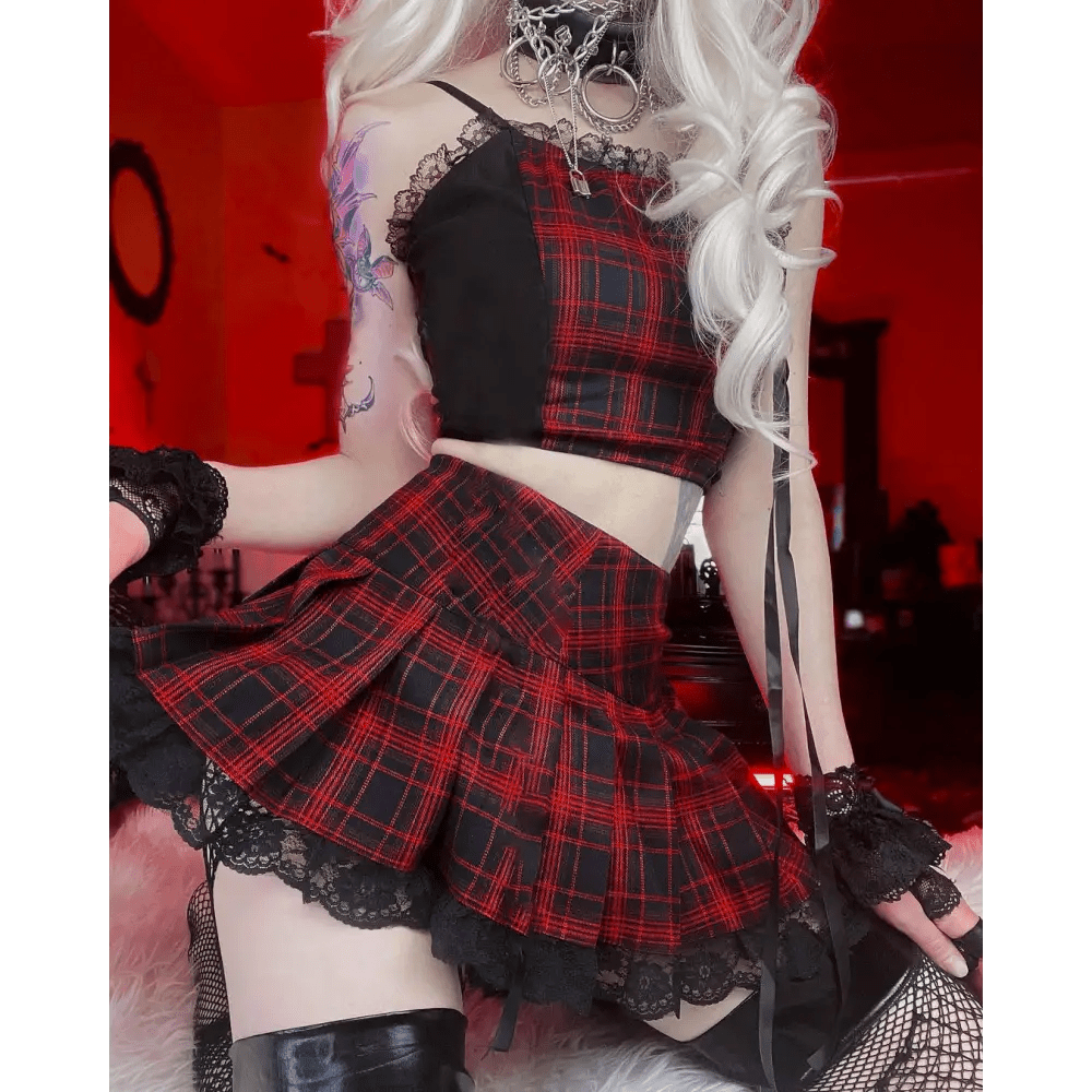 Tartan Plaid School Girl Skirt with Frilly Lace Layer - Cosparty