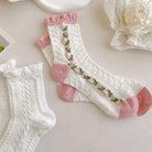 Textured Angelic Socks with Knit Detailing and Rosebud Embellishments - socks