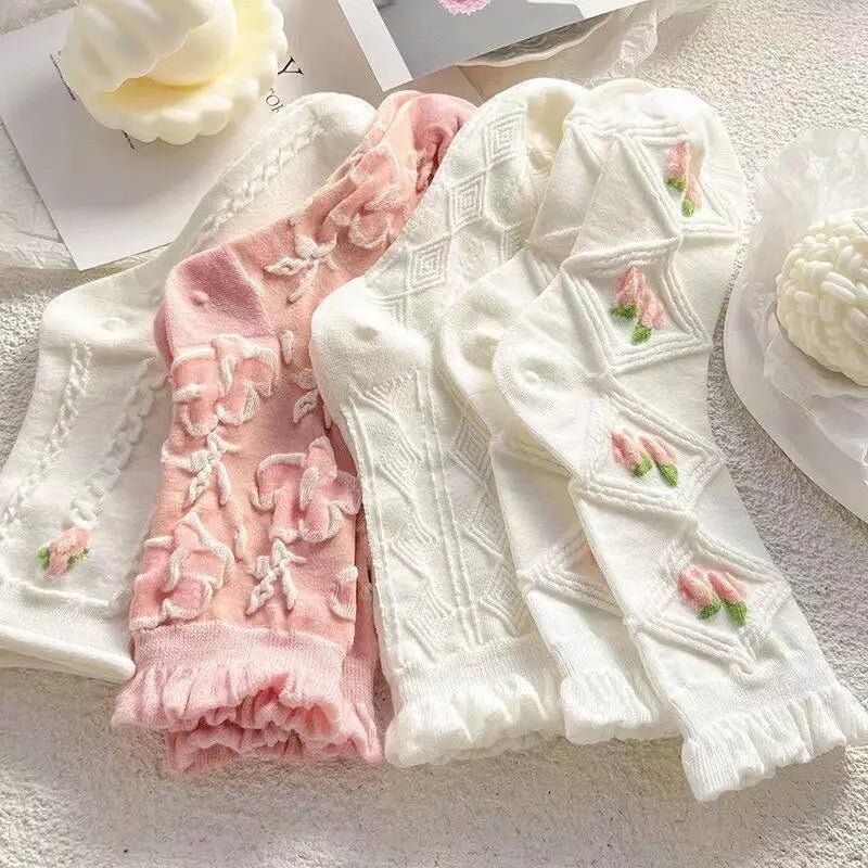 Textured Angelic Socks with Knit Detailing and Rosebud Embellishments - Cosparty