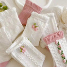 Textured Angelic Socks with Knit Detailing and Rosebud Embellishments - Cosparty