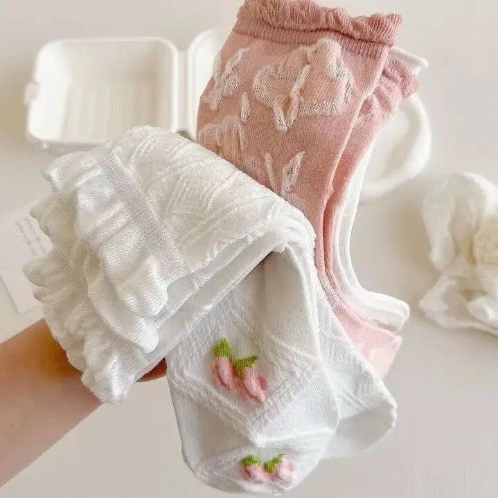 Textured Angelic Socks with Knit Detailing and Rosebud Embellishments - Cosparty