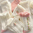 Textured Angelic Socks with Knit Detailing and Rosebud Embellishments - Cosparty