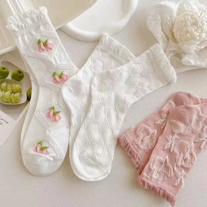 Textured Angelic Socks with Knit Detailing and Rosebud Embellishments - Cosparty