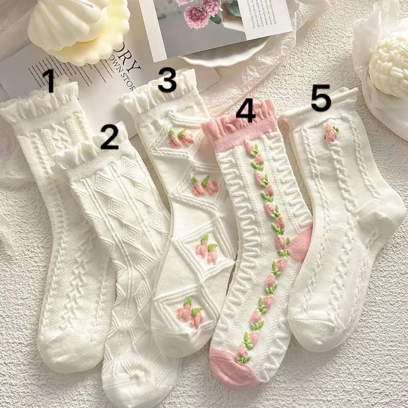 Textured Angelic Socks with Knit Detailing and Rosebud Embellishments - Cosparty