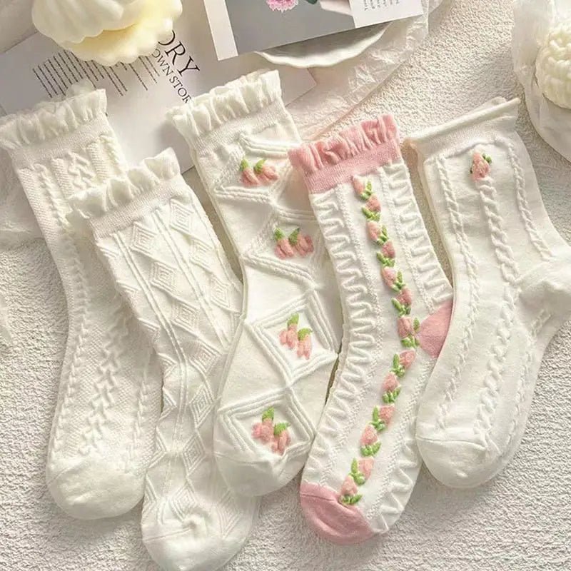 Textured Angelic Socks with Knit Detailing and Rosebud Embellishments - Cosparty