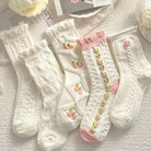 Textured Angelic Socks with Knit Detailing and Rosebud Embellishments - Cosparty