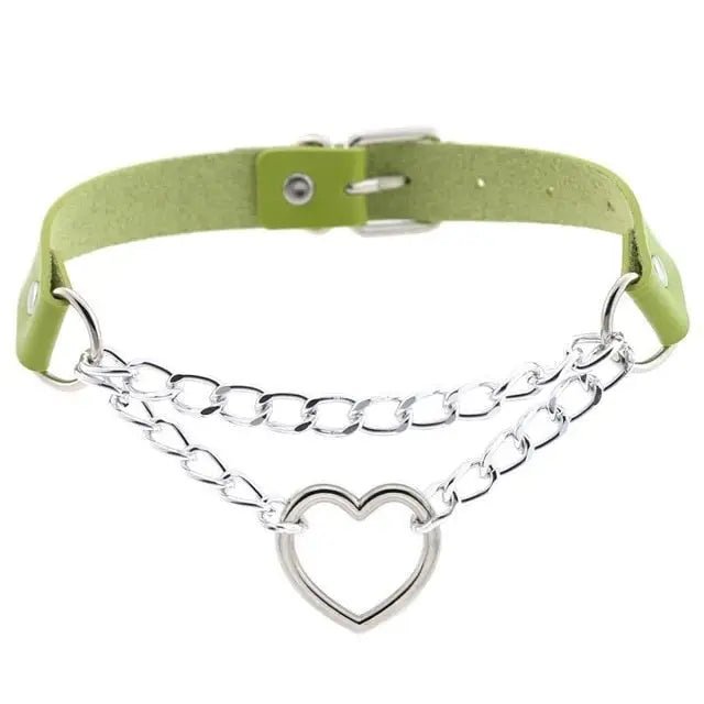 Thick Vegan Leather Chained Heart Choker Necklace - Cosparty