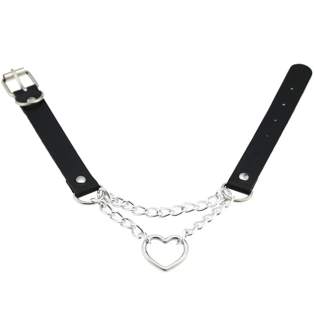 Thick Vegan Leather Chained Heart Choker Necklace - Cosparty