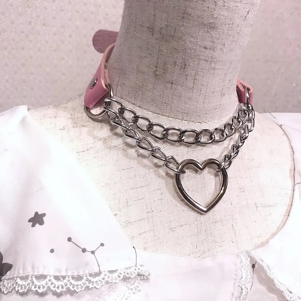 Thick Vegan Leather Chained Heart Choker Necklace - Cosparty