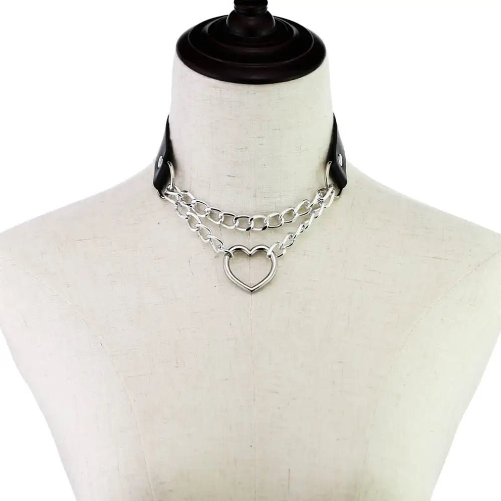 Thick Vegan Leather Chained Heart Choker Necklace - Cosparty
