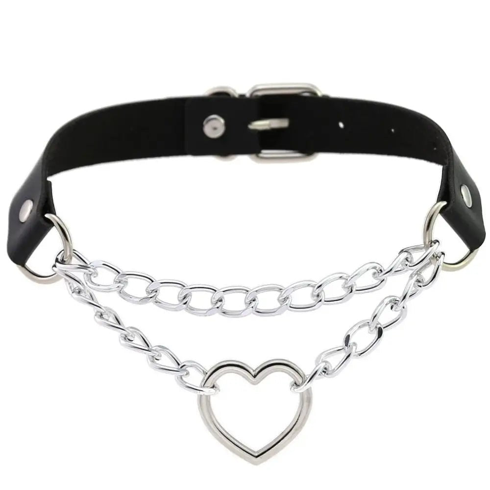 Thick Vegan Leather Chained Heart Choker Necklace - Cosparty