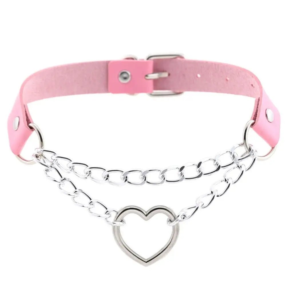 Thick Vegan Leather Chained Heart Choker Necklace - Cosparty