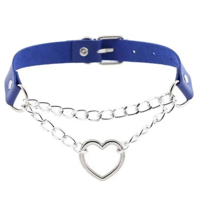 Thick Vegan Leather Chained Heart Choker Necklace - Cosparty
