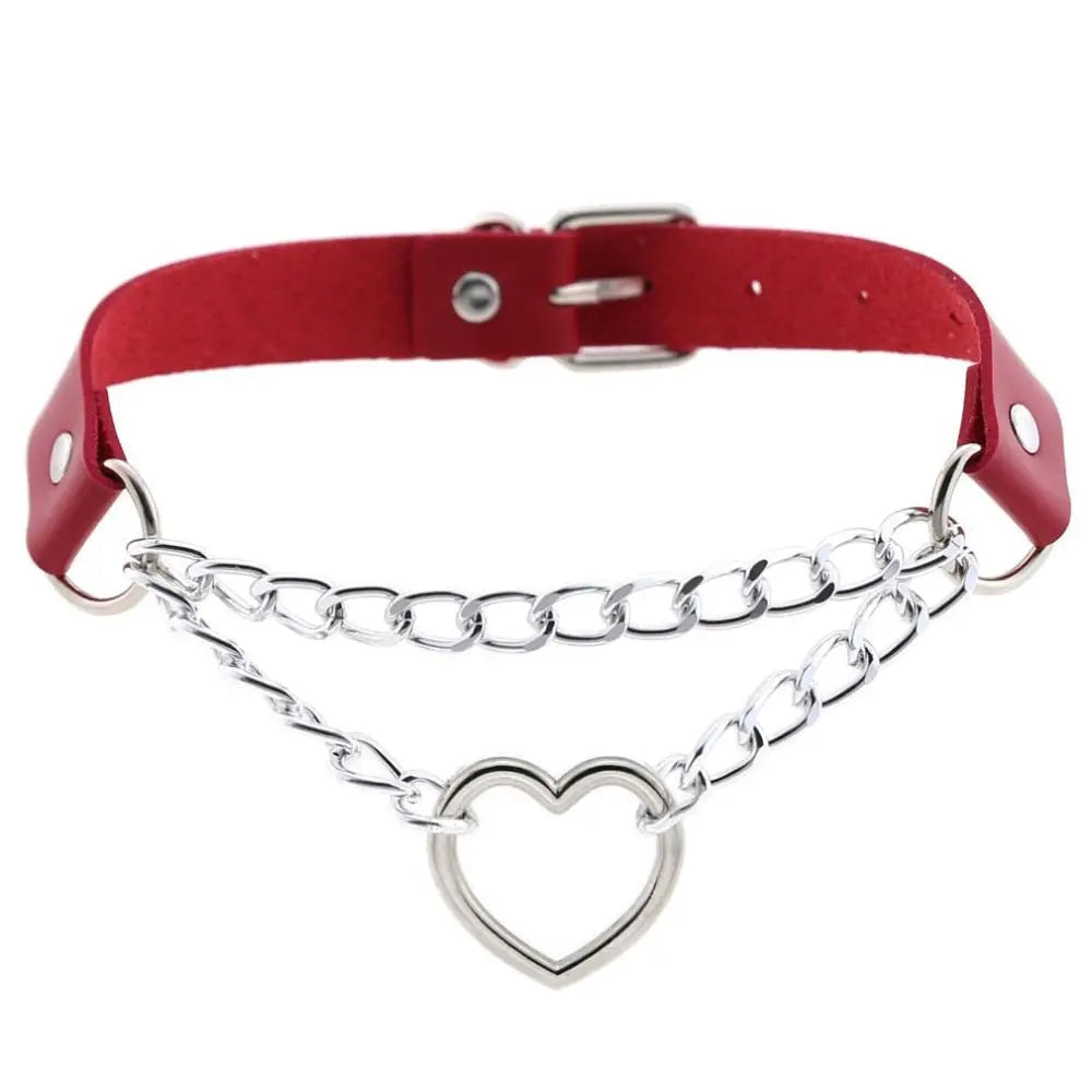 Thick Vegan Leather Chained Heart Choker Necklace - necklace