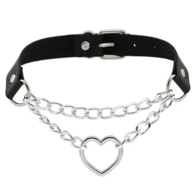 Thick Vegan Leather Chained Heart Choker Necklace - necklace